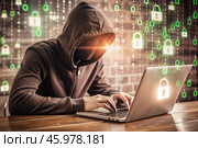 The hacker is working on a laptop, digital codes on a virtual background. Hacking and protecting online data. Digital technologies, software development. Стоковое AI-изображение, AI-художник Photojuli / Фотобанк Лори