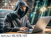 The hacker is working on a laptop, digital codes on a virtual background. Hacking and protecting online data. Digital technologies, software development. Стоковое AI-изображение, AI-художник Photojuli / Фотобанк Лори