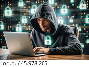The hacker is working on a laptop, digital codes on a virtual background. Hacking and protecting online data. Digital technologies, software development. Стоковое AI-изображение, AI-художник Photojuli / Фотобанк Лори