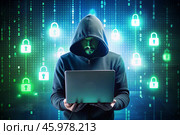The hacker is working on a laptop, digital codes on a virtual background. Hacking and protecting online data. Digital technologies, software development. Стоковое AI-изображение, AI-художник Photojuli / Фотобанк Лори