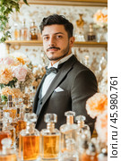 Perfumer presenting new fragrances in luxury boutique. Стоковое AI-изображение, AI-художник Юрий Поздников / Фотобанк Лори