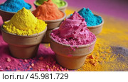 Vibrant Holi Celebrations Featuring Colorful Gulal Powder and Eco-Friendly Festivities in Springtime. Стоковое AI-видео, аниматор Sergey Grishin / Фотобанк Лори