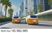 Autonomous delivery vans driving on a city street. Стоковое AI-видео, аниматор Юрий Поздников / Фотобанк Лори
