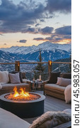 Warm fire pit burning on a terrace overlooking snowy mountains at sunset. Стоковое AI-видео, аниматор Юрий Поздников / Фотобанк Лори