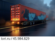 Truck carrying intermodal container leaving cargo port at night. Стоковое AI-изображение, AI-художник Иван Рябоконь / Фотобанк Лори