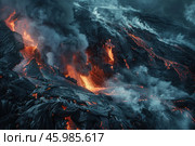 Volcano erupting with molten lava flowing downhill at twilight. Стоковое AI-изображение, AI-художник Иван Рябоконь / Фотобанк Лори