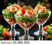 Shrimp cocktail salad. Enjoy your meal! Стоковое AI-изображение, AI-художник Сергей Елизарьев / Фотобанк Лори