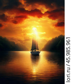 Yacht against the rising sun. River landscape. Стоковое AI-изображение, AI-художник Сергей Елизарьев / Фотобанк Лори