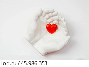 Stylish banner. In his hands, a red heart on a white background is made of plaster. World Health, Love and Insurance Day. World Heart, Health and Organ Donor Day. Стоковое фото, фотограф Photojuli / Фотобанк Лори