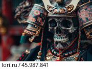 Skull wearing traditional japanese samurai armor and helmet. Стоковое AI-изображение, AI-художник Иван Рябоконь / Фотобанк Лори