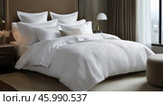Elegant hotel bed with white linens and plush pillows in a minimal space. Стоковое AI-изображение, AI-художник Katsiaryna Repich / Фотобанк Лори