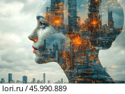 A unique combination of a portrait of a woman and an industrial landscape. The silhouette of a woman's profile fills the city with its factories, plants and industrial buildings. In the background, you can see a cityscape with tall buildings, made in cold blue and gray tones. Bright orange lights stand out inside the woman's silhouette, creating the effect of evening or night lighting of an industrial city.The woman's face, made in a semi-abstract technique, is combined with the details of the urban landscape, symbolizing the connection of man with technology and urbanization. This art object evokes associations with cyberpunk, futurism and the theme of the influence of industry on humanity.The image is created using the contrast of warm and cold colors, which emphasizes the tension between nature and technology, man and machine. The composition conveys a sense of the future, where the boundaries between man and machine are erased. Стоковое AI-изображение, AI-художник Анна Кривицкая / Фотобанк Лори