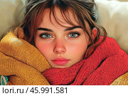 A girl with big green eyes and a cute face. Her hair is slightly disheveled, and a natural blush is visible on her cheeks. The girl is wrapped in a warm knitted scarf with bright shades: red and yellow, which creates a feeling of coziness and warmth. The background is made in soft neutral tones, which focuses attention on the face and scarf. The picture looks bright, emotional and atmospheric. Стоковое AI-изображение, AI-художник Анна Кривицкая / Фотобанк Лори
