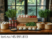 A cozy kitchen table, filled with ingredients and dishes. In the foreground are boiled Asian dumplings (for example, dim sum or baozi) on plates and in bamboo steamers. Nearby are fresh green herbs in metal buckets, ripe tomatoes, small pickled vegetables in wooden boxes, as well as jars with seasonings and spices. The entire composition is made in natural warm colors, with an emphasis on the texture of wood and greenery. In the background, a window overlooking a green garden is visible, which creates an atmosphere of coziness and freshness. Стоковое AI-изображение, AI-художник Анна Кривицкая / Фотобанк Лори