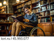 Disability. A child with disabilities in a wheelchair is reading a book in the library. Healthcare and medicine. Стоковое AI-изображение, AI-художник Photojuli / Фотобанк Лори