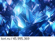 Abstract background with many blue crystals shining with light beams. Стоковое AI-изображение, AI-художник Иван Рябоконь / Фотобанк Лори
