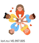 Multiracial friends holding hands in friendship bracelets. International Friendship Day vector illustration. People stand in a circle. Стоковая иллюстрация, иллюстратор Алина Умарова / Фотобанк Лори