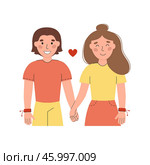 Couple holding hands in friendship bracelets vector flat illustration. International Friendship Day banner design. Happy boy and girl isolated on white background. DIY wristband for friends. Стоковая иллюстрация, иллюстратор Алина Умарова / Фотобанк Лори