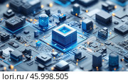 A microcircuit or central processing unit (CPU) located at the center of a complex computer circuit board. Many electronic components, such as transistors, resistors, and capacitors, surround the central chip. The circuit is illuminated with cool blue and white light, creating a futuristic and high-tech look. The boards and circuits are highly detailed, symbolizing modern technological development. Стоковое AI-изображение, AI-художник Анна Кривицкая / Фотобанк Лори