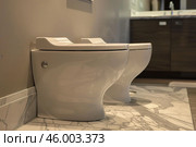 Two white ceramic toilets standing in modern bathroom setting. Стоковое AI-изображение, AI-художник Иван Рябоконь / Фотобанк Лори