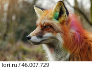 Rainbow fox posing in the woods with colorful fur. Стоковое AI-изображение, AI-художник Иван Рябоконь / Фотобанк Лори