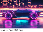 Futuristic sports car parked in cyberpunk city with neon lights. Стоковое AI-изображение, AI-художник Иван Рябоконь / Фотобанк Лори