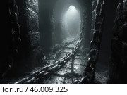 A dark underground corridor lined with stone slabs. The walls of the corridor are massive, covered with moisture and traces of time, which creates an atmosphere of antiquity and mystery. Heavy metal chains are visible along the floor and walls, which create a sense of imprisonment or a hidden purpose for this place. The light penetrates weakly, creating a dramatic play of shadows and adding a mystical atmosphere. The image evokes associations with dungeons, abandoned dungeons or secret passages. Стоковое AI-изображение, AI-художник Анна Кривицкая / Фотобанк Лори