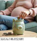 Pregnant woman saving money, Saving for baby, Pregnancy financial planning, Expecting mother savings, Saving with piggy bank, Baby expenses, Future family finances, Financial security for baby, Motherhood saving, Prenatal planning, Maternity saving, Saving for newborn, preparing for parenthood, woman saving coins, baby on the way, planning for childcare, budget for pregnancy, пособие на ребенка, соцзащита населения в действии. Стоковое AI-изображение, AI-художник Сергей Расторгуев / Фотобанк Лори