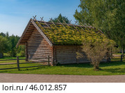 View of an ancient log outbuilding on the territory of the Pushkin village in Bugrovo of the Pushkin Museum-Reserve on a sunny summer day, Pushkinskiye Gory, Pskov region, Russia. Редакционное фото, фотограф Ula Ulachka / Фотобанк Лори