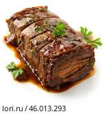 Sliced roast beef sitting in au jus with parsley garnish. Стоковое AI-изображение, AI-художник Иван Рябоконь / Фотобанк Лори