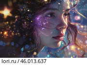 Young woman embracing stardust and the cosmic beauty of the universe. Стоковое AI-изображение, AI-художник Иван Рябоконь / Фотобанк Лори