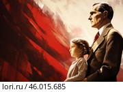 Politician and child observing red sky, political indoctrination. Стоковое AI-изображение, AI-художник Иван Рябоконь / Фотобанк Лори