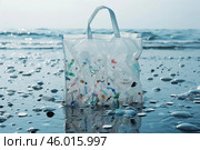Plastic pollution in transparent tote bag on the beach. Стоковое AI-изображение, AI-художник Иван Рябоконь / Фотобанк Лори