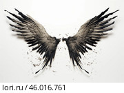 Broken dark angel wings crumbling into ashes on white background. Стоковое AI-изображение, AI-художник Иван Рябоконь / Фотобанк Лори