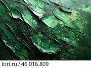 A fragment of an abstract painting made in a textured technique. The painting is saturated with shades of green, with smooth transitions from dark to light. Thick strokes of paint are used, creating volume and relief, which resemble natural forms, such as leaves or waves. Inclusions of golden dots add emphasis and dynamics to the composition, creating the effect of dew or radiance. The painting conveys a sense of depth, harmony and connection with nature. Стоковое AI-изображение, AI-художник Анна Кривицкая / Фотобанк Лори