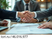 Двое деловых людей заключают сделку, пожимая руки за столом переговоров на фоне офиса. Стоковое AI-изображение, AI-художник Валерий Лукин / Фотобанк Лори