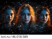 Three female faces surrounded by a network of bright dots and lines, creating the illusion of a digital or information network. The faces are illuminated by contrasting light: the central face is illuminated by a warm orange light, and the side faces by a cool blue. This composition symbolizes the connection of people in the digital space, the unification of data or the work of a network. The dark background enhances the feeling of a high-tech and futuristic atmosphere. Стоковое AI-изображение, AI-художник Анна Кривицкая / Фотобанк Лори