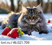 красивый, большой, пушистый серый кот в солнечный зимний день. Стоковое AI-изображение, AI-художник Руслан Лесков / Фотобанк Лори