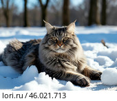 красивый, большой, пушистый серый кот в солнечный зимний день. Стоковое AI-изображение, AI-художник Руслан Лесков / Фотобанк Лори