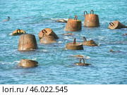 Concrete breakwaters in the waters of the Black Sea to protect the beach from destruction. Стоковое фото, фотограф Роман Дзюбало / Фотобанк Лори