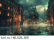 Flooded city street during heavy rain at night. Стоковое AI-изображение, AI-художник Иван Рябоконь / Фотобанк Лори