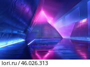 Neon stairway leading to glowing pyramid in futuristic corridor. Стоковое AI-изображение, AI-художник Иван Рябоконь / Фотобанк Лори