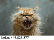 Angry ginger cat showing teeth and growling with open mouth. Стоковое AI-изображение, AI-художник Иван Рябоконь / Фотобанк Лори