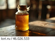 Small corked glass bottle containing honey resting on wooden table. Стоковое AI-изображение, AI-художник Иван Рябоконь / Фотобанк Лори