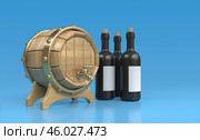 Три черные винные бутылки стоят рядом с деревянной бочкой. 3d иллюстрация в мультяшном стиле. Визуализация. Приготовление винного напитка путем ферментации в деревянной бочке. Стоковая иллюстрация, иллюстратор Юлия Мелешина / Фотобанк Лори