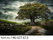 Large old tree dominating the landscape under stormy sky. Стоковое AI-изображение, AI-художник Иван Рябоконь / Фотобанк Лори