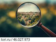Magnifying glass showing residential houses and buildings in cityscape. Стоковое AI-изображение, AI-художник Иван Рябоконь / Фотобанк Лори