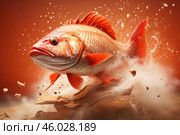 Big red snapper fish jumping out of sand dust cloud. Стоковое AI-изображение, AI-художник Иван Рябоконь / Фотобанк Лори