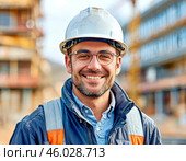 Smiling man observes safety precautions at work. Safety precautions at work. Стоковое AI-изображение, AI-художник Сергей Елизарьев / Фотобанк Лори