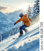 Snowboarding is a winter sport that involves sliding down snowy mountain slopes or performing acrobatic tricks on a specially designed board. Стоковое AI-изображение, AI-художник Сергей Елизарьев / Фотобанк Лори